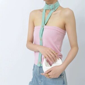 Designer-Style Halter Neck  Pink and Mint Crop Top